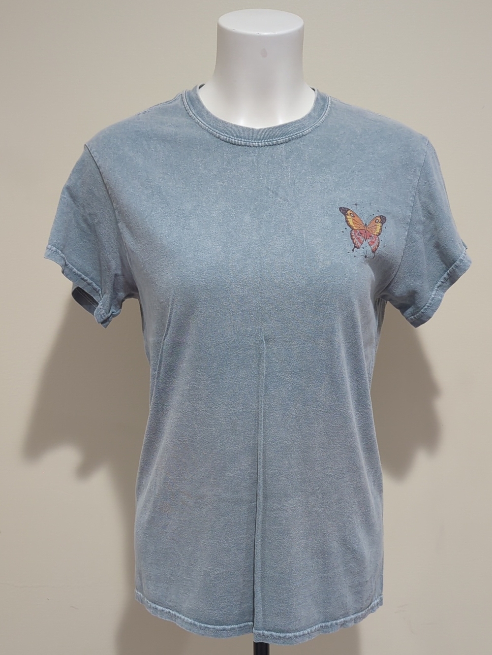 Tilly's Faded Blue Tee with Butterfly Chest Graphic